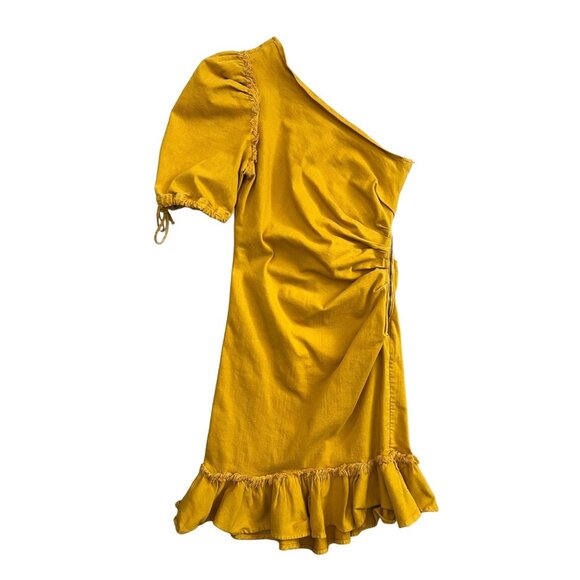 Jonathan Simkhai One Shoulder Denim Ruffle Mini Dress 10 Yellow Asymmetric‎ - Picture 2 of 16
